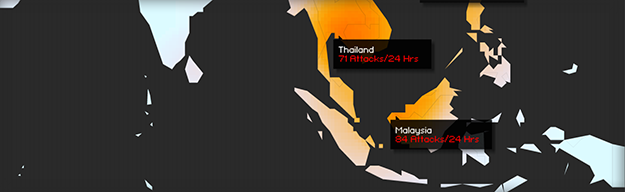 รูปที่ 6 ภาพรวมความหนาแน่นของระดับการโจมตีทางไซเบอร์ของประเทศไทย Source: Akamai Real-time Web Monitor - Attack Traffic Overview (Thailand) http://www.akamai.com/html/technology/dataviz1.html